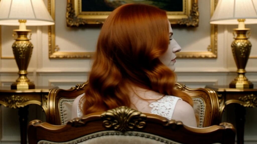 Red haired scary ghost woman turning head